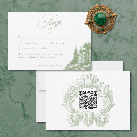 Elegant Sage Green Toile French Manor Wedding QR 出欠カード