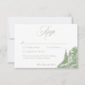 Elegant Sage Green Toile French Manor Wedding QR 出欠カード (正面)