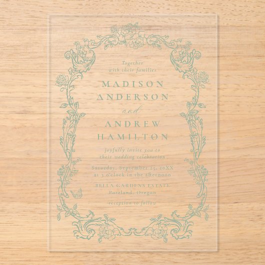 Elegant Sage Green Victorian Floral Frame Wedding アクリル招待状 (正面)