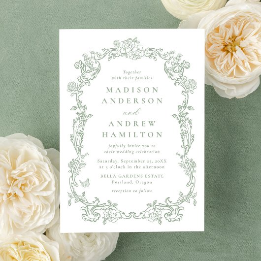 Elegant Sage Green Victorian Floral Frame Wedding 招待状