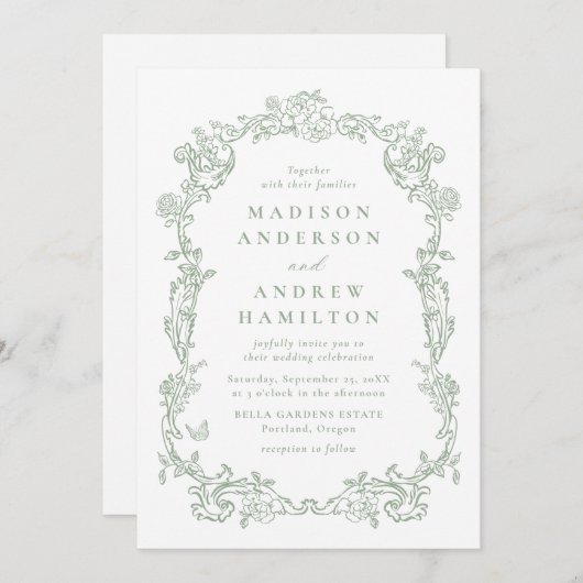 Elegant Sage Green Victorian Floral Frame Wedding 招待状 (正面/裏面)