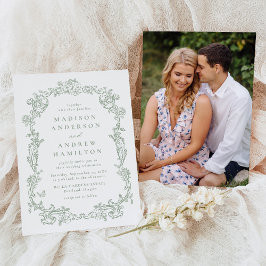 Elegant Sage Green Victorian Floral Photo Wedding 招待状