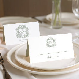 Elegant Sage Green Vintage Crest Monogram Wedding プレイスカード