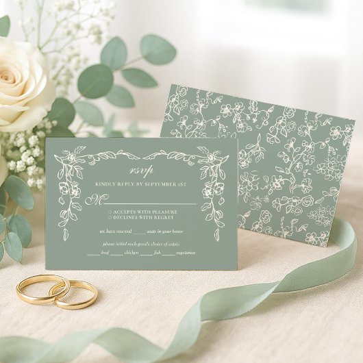 Elegant Sage Green Vintage Floral Wedding 出欠カード