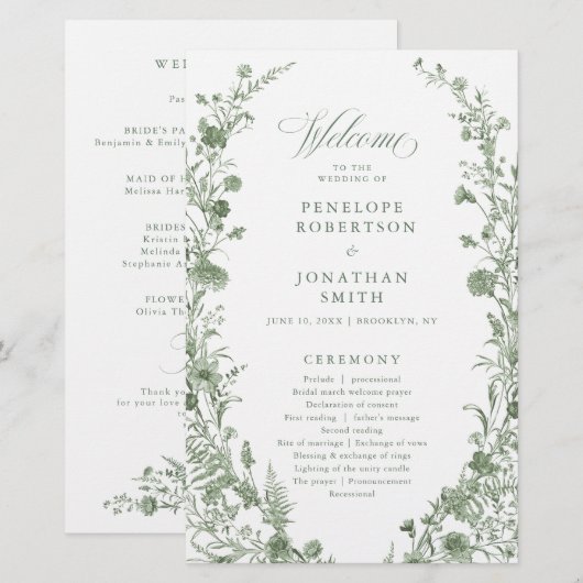 Elegant Sage Green Vintage Floral Wedding Program (正面/裏面)