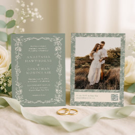 Elegant Sage Green Vintage Photo Wedding 招待状