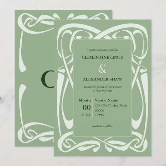 Elegant Sage Green Vintage Ribbon 招待状 (正面/裏面)