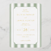 Elegant Sage Green Vintage Stripes 箔招待状 (正面)