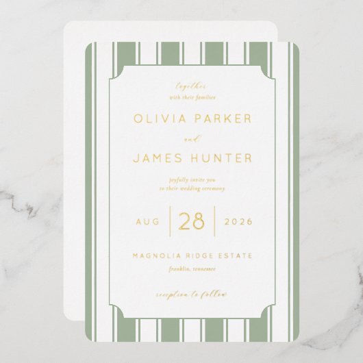Elegant Sage Green Vintage Stripes 箔招待状 (正面/裏面)