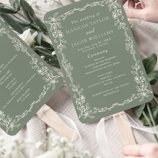 Elegant Sage Green Vintage Wedding Program ハンドファン