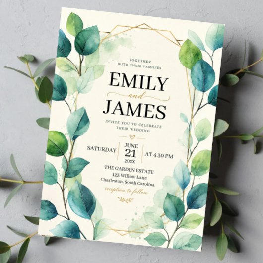 Elegant Sage Green Watercolor Eucalyptus Leaves アクリル招待状