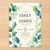 Elegant Sage Green Watercolor Eucalyptus Leaves アクリル招待状 (正面)