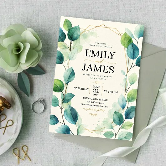 Elegant Sage Green Watercolor Eucalyptus Leaves 招待状