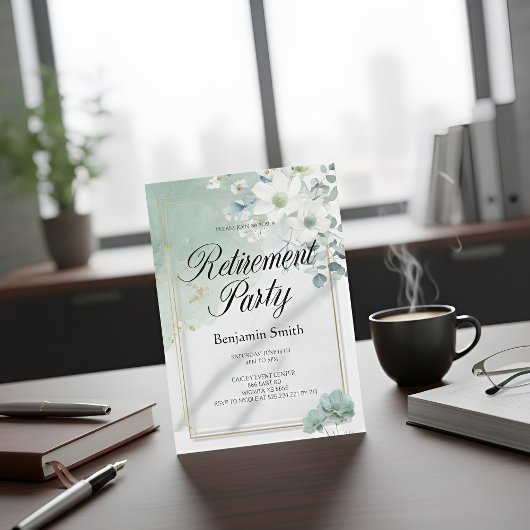 Elegant Sage Green Watercolor Floral Retirement Pa 招待状