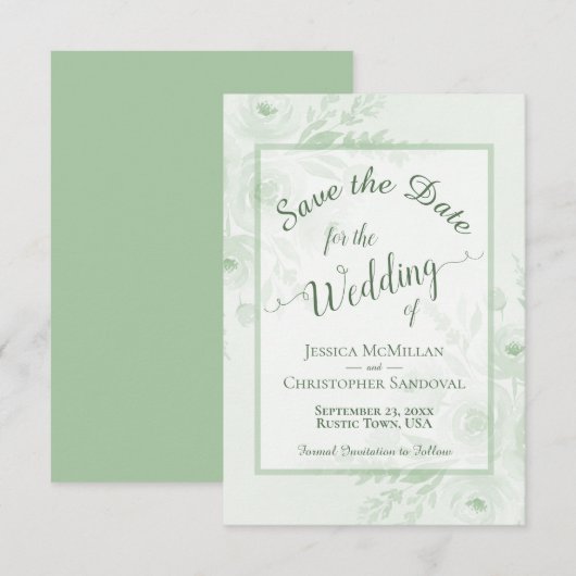 Elegant Sage Green Watercolor Peonies Boho Wedding セーブザデート (正面/裏面)