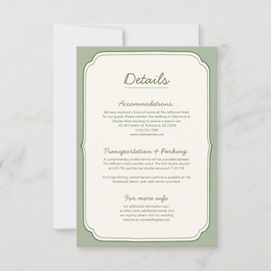 Elegant Sage Green Wedding Details Card  (正面)