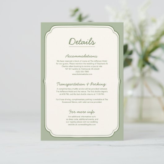 Elegant Sage Green Wedding Details Card  (スタンド正面)