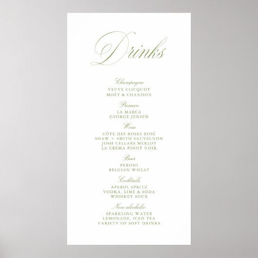 Elegant Sage Green Wedding Drinks Bar Menu Banner ポスター (正面)