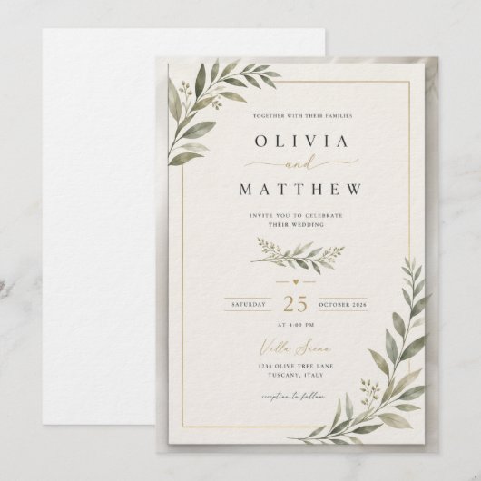 Elegant Sage Green Wedding Invitation | Minimalist 招待状 (正面/裏面)
