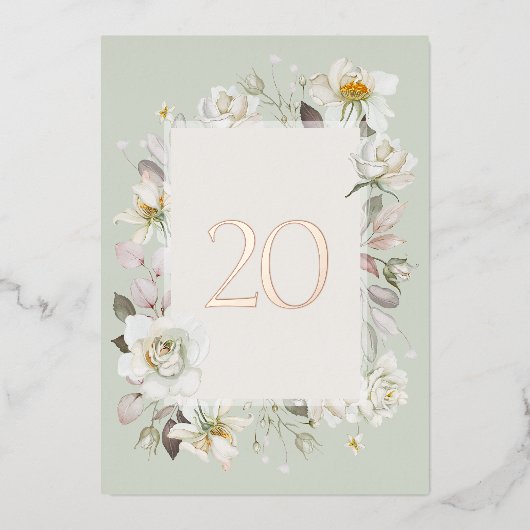 Elegant Sage Green Wedding Table Number– Real Foil 箔招待状 (正面)