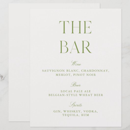Elegant Sage Green & White 8.5x11 Wedding Bar Sign (正面/裏面)
