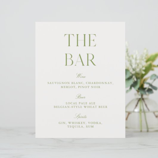Elegant Sage Green & White 8.5x11 Wedding Bar Sign (スタンド正面)