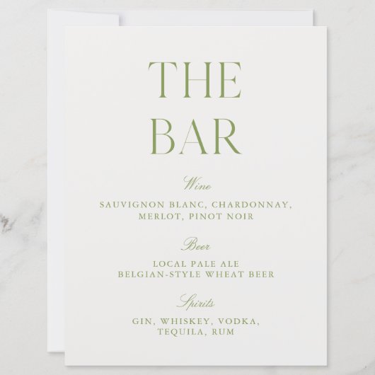 Elegant Sage Green & White 8.5x11 Wedding Bar Sign (正面)