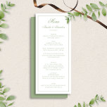 Elegant Sage Green & White Border Script Wedding メニュー<br><div class="desc">This classic wedding menu features a soft sage green and white color palette with an elegant border and timeless script typography. Designed with a refined front-and-back layout, the front showcases your curated menu while the coordinating back adds a polished, finished look to each card. Perfect for formal, garden, and classic...</div>