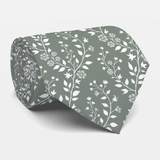 Elegant Sage Green White Floral ネクタイ (ロール)