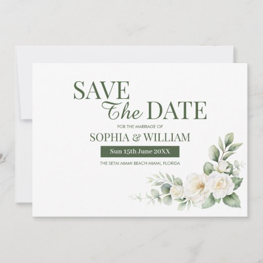 Elegant Sage Green White Floral Save the Date Card 招待状 (正面)