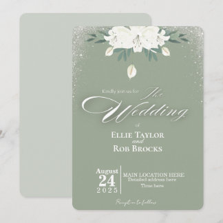 Elegant Sage Green White Floral Wedding Invitation 招待状