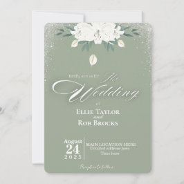 Elegant Sage Green White Floral Wedding Invitation 招待状