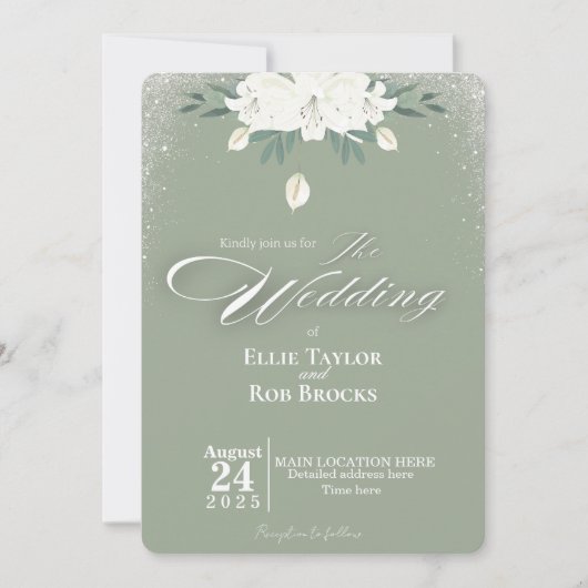 Elegant Sage Green White Floral Wedding Invitation 招待状 (正面)