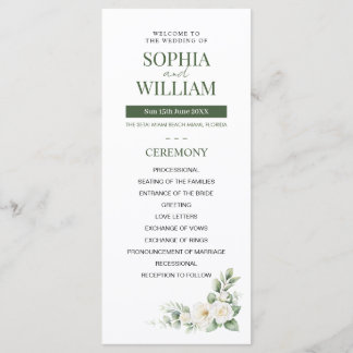 Elegant Sage Green White Rose Floral Wedding Progr プログラム
