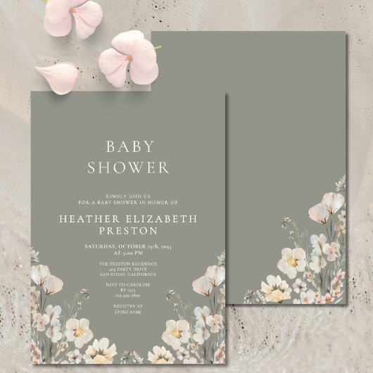 Elegant Sage Green Wildflower Baby Shower  招待状