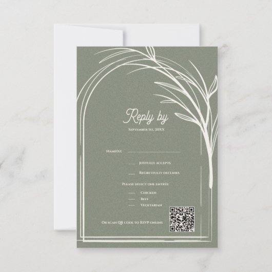 Elegant Sage Green With QR Code Wedding Reply By 出欠カード (裏面)