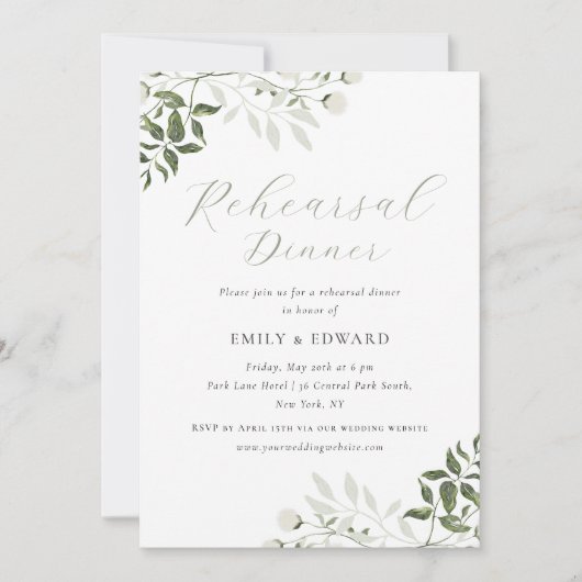 Elegant Sage Greenery QR code Rehearsal Dinner 招待状 (正面)
