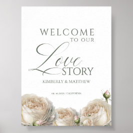 Elegant Sage Greenery Roses Welcome Wedding Sign ポスター