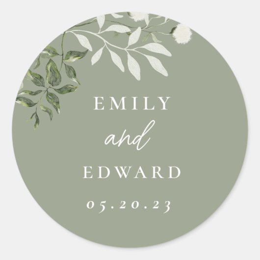 Elegant Sage Greenery Wedding Envelope Seal ラウンドシール (正面)