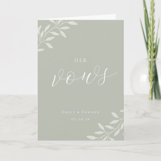 Elegant Sage Greenery Wedding Vow Books Her Vows カード (正面)