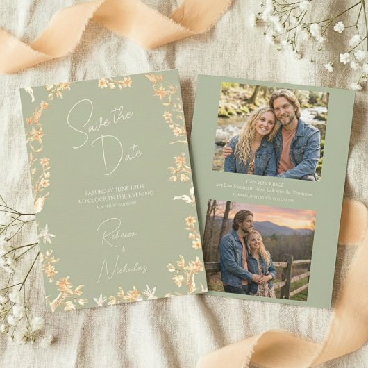 Elegant Sage Ivory Script Wildflowers 2 Photo セーブザデート