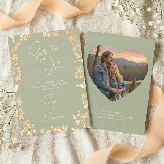 Elegant Sage Ivory Script Wildflowers Photo セーブザデート