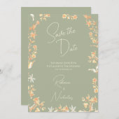 Elegant Sage Ivory Script Wildflowers Photo セーブザデート (正面/裏面)