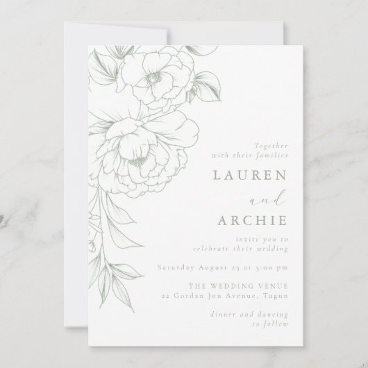 Elegant Sage Line Art Floral Wedding 招待状 (正面)