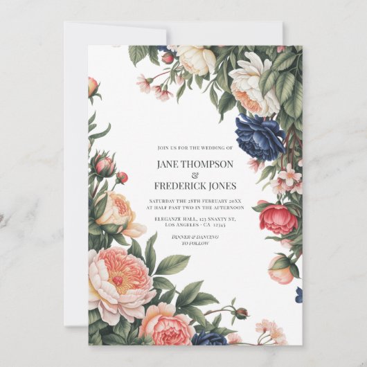 Elegant Sage, Navy & Peach Floral Wedding QR Code 招待状 (正面)