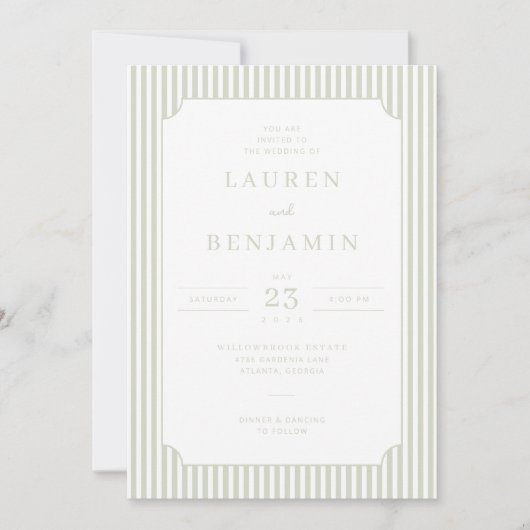 Elegant Sage Striped Wedding Invitation 招待状 (正面)