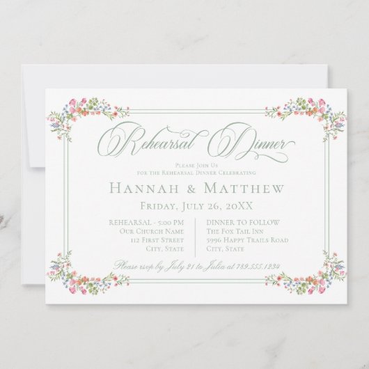 Elegant Sage Wildflower Crest Wedding Rehearsal 招待状 (正面)