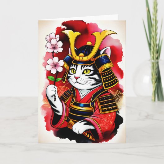 Elegant Samurai Cat Cherry for birthday, Thank Yu カード (正面)