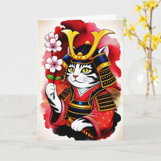  Elegant Samurai Cat Cherry for birthday, Thank Yu カード (黄色い花)