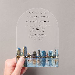 Elegant San Diego Skyline Watercolor Wedding Arch アクリル招待状